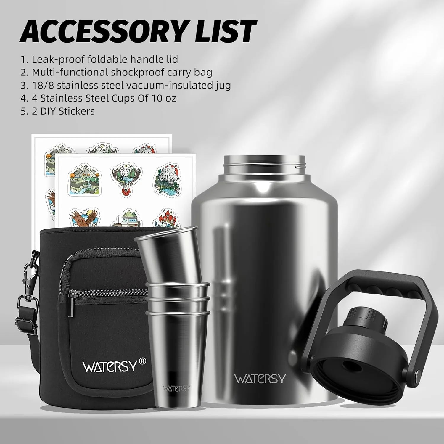 1 Gallon Water Bottle Insulated Comes with Four Stainless Steel Cups and DIY Stickers,BPA Free&Leak Proof,128oz Stainless Steel Water Jug,Big thermo with Handle for Gym,Hiking,Camping&Travel