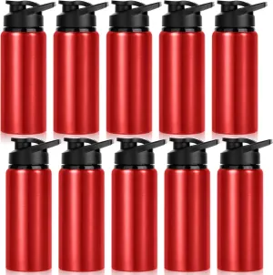 10 Pack Sports Aluminum Water Bottles, 20oz Leak Proof with Snap Lids for Travel, Camping, Gym, Hiking, Fishing (Red)