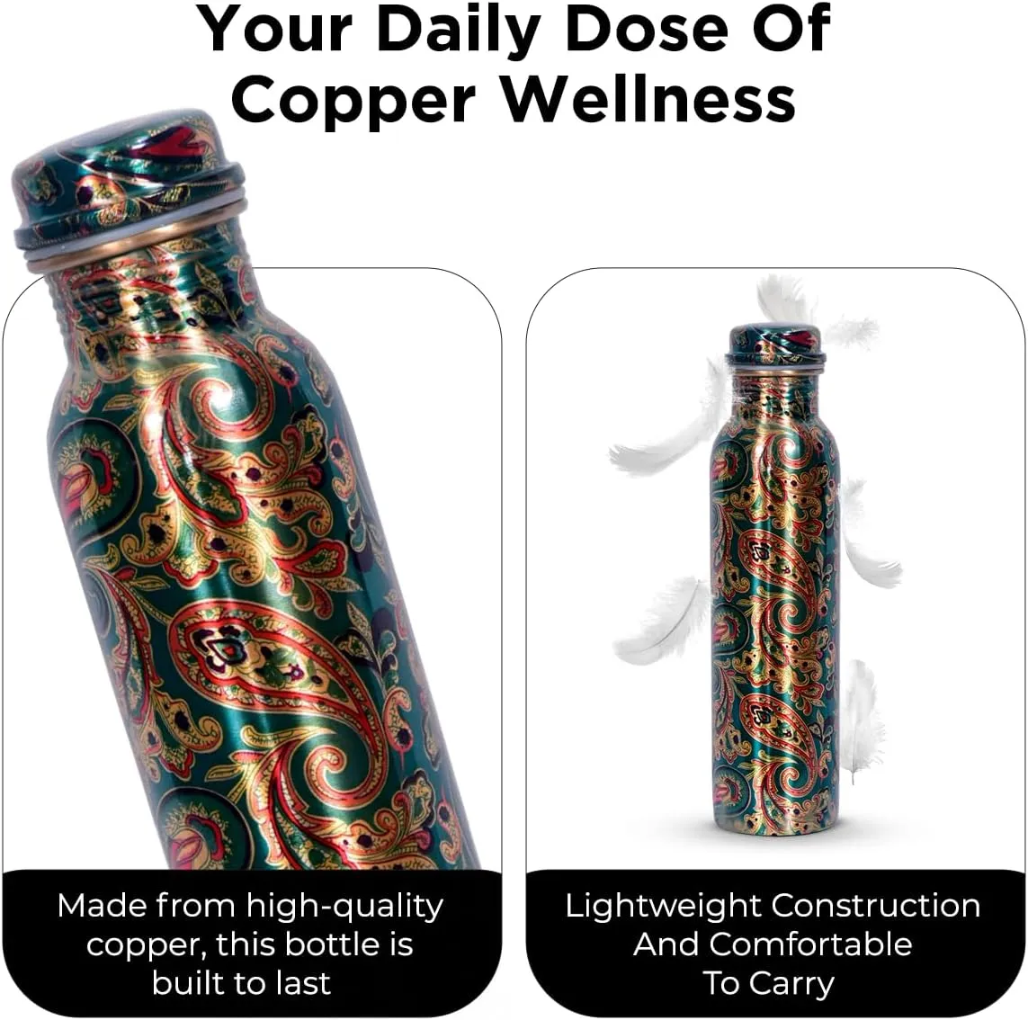 100% Pure Copper Water Bottle for Drinking 34oz Digital Print Ayurvedic Leak-Proof Fusion Pure Soloman Bottle for Drinking Copper Drinkware Hand Washable
