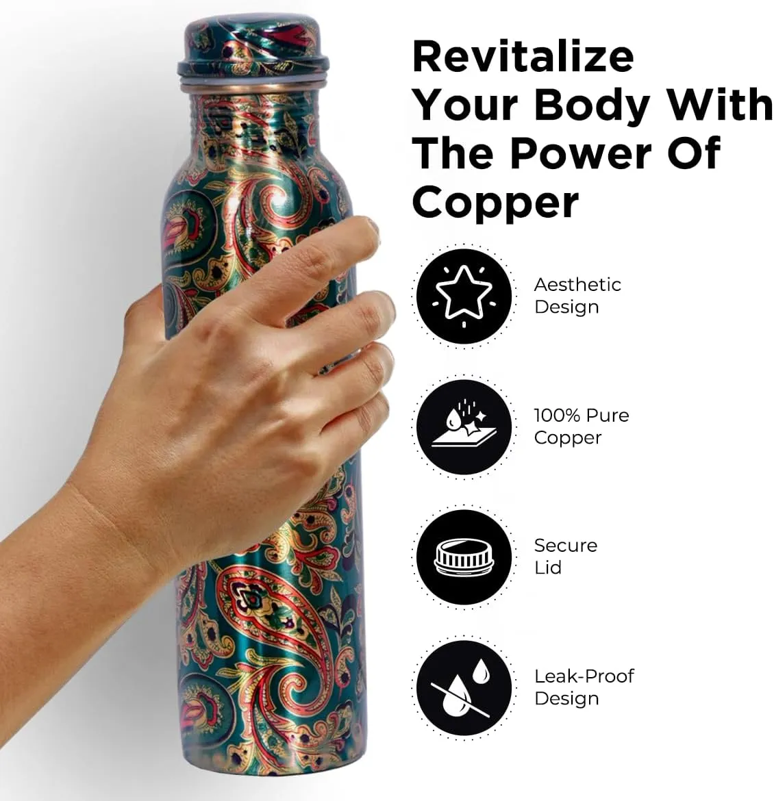 100% Pure Copper Water Bottle for Drinking 34oz Digital Print Ayurvedic Leak-Proof Fusion Pure Soloman Bottle for Drinking Copper Drinkware Hand Washable