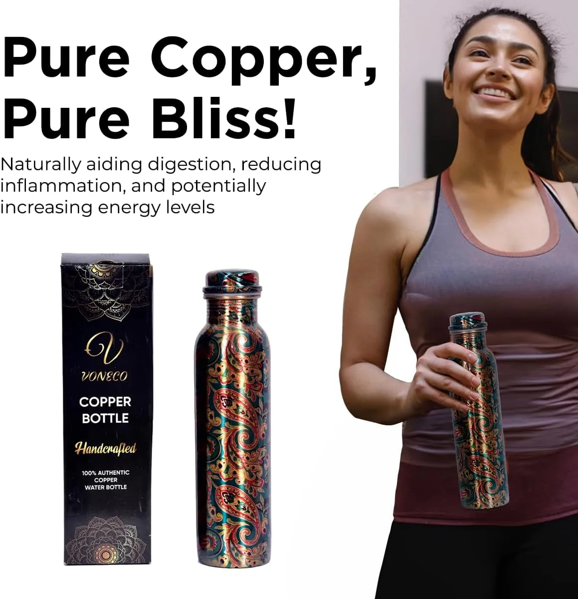 100% Pure Copper Water Bottle for Drinking 34oz Digital Print Ayurvedic Leak-Proof Fusion Pure Soloman Bottle for Drinking Copper Drinkware Hand Washable