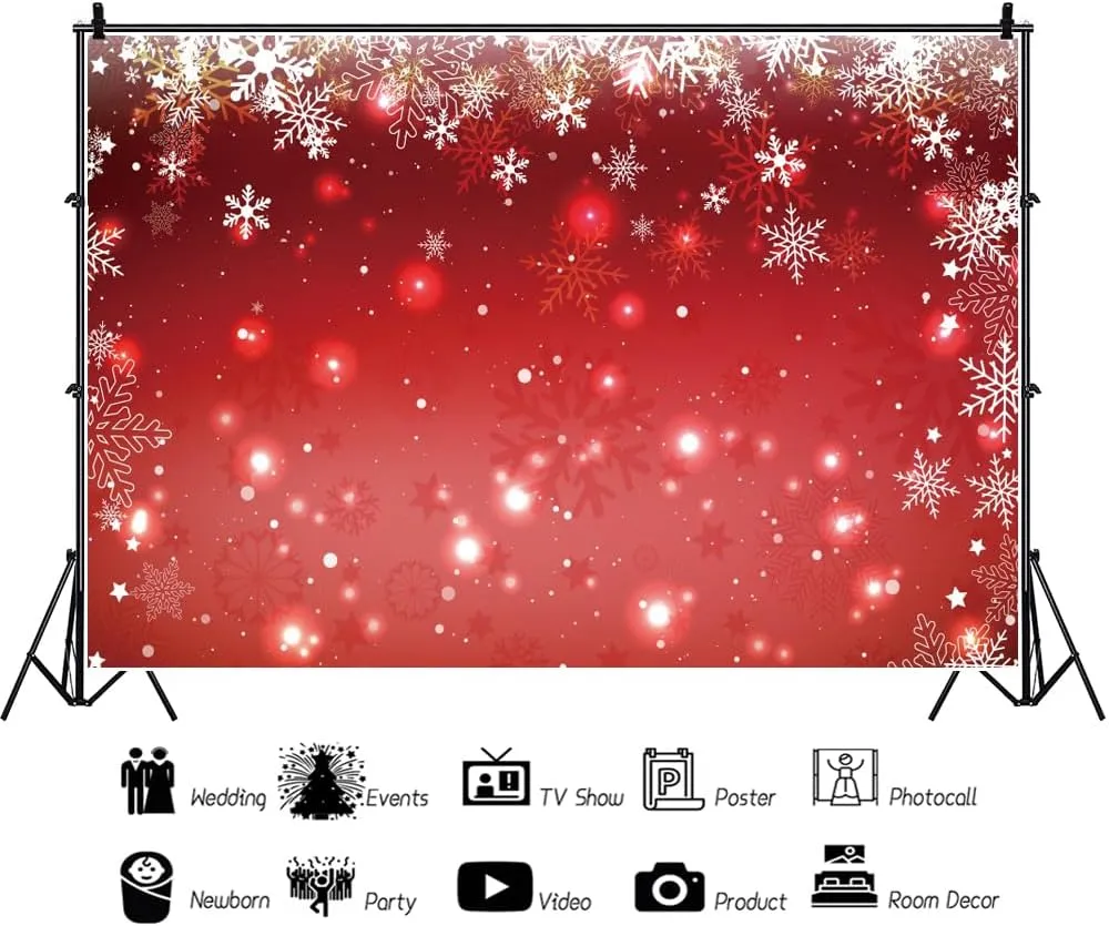 10x7ft Red Winter Snowflake Backdrop White Snowflake Red Bokeh Ice Photography Background for New Year Party Decor Banner Baby Shower Portrait Photo Booth Props