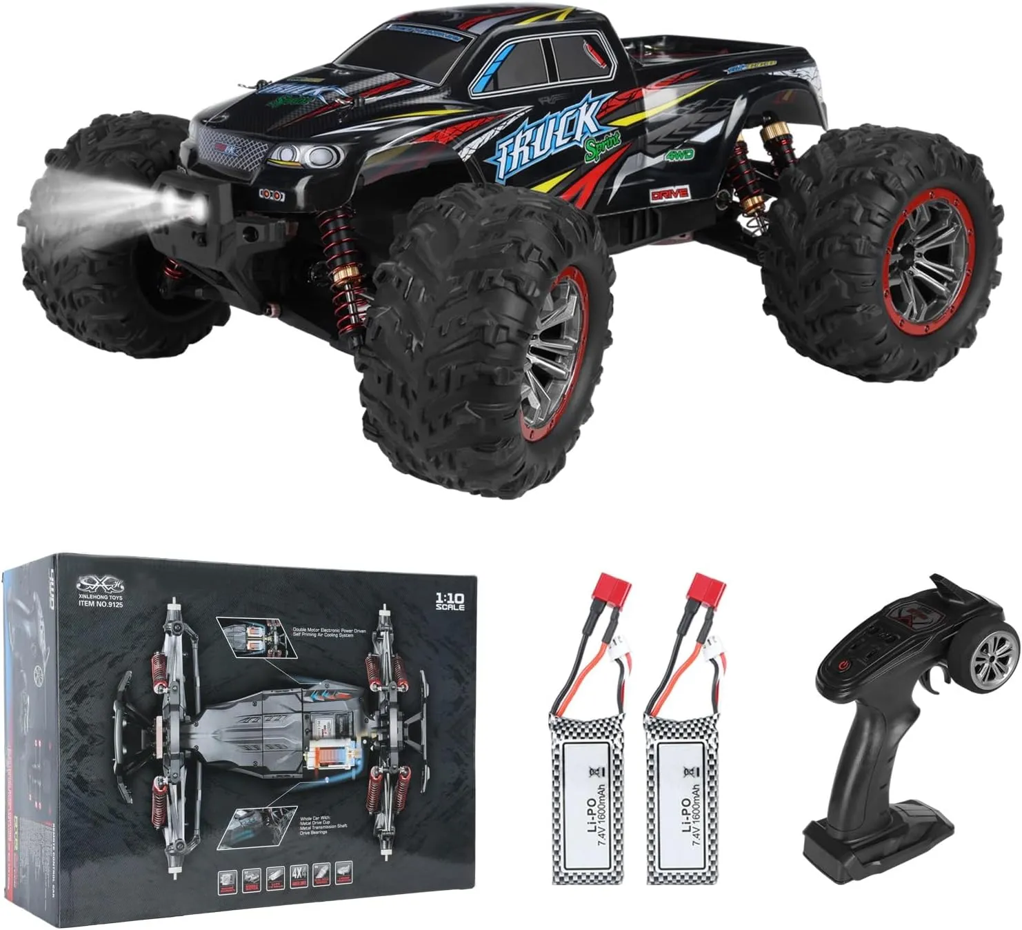 1/10 Rc Car, 1:10 Brush RC Car for Adults & Boys,1/10 rc Truck with 2 x 7.4V 1600mAh Batteries,IPX5 Waterproof,Max 50KMH Speed,Big Wheels Off Road RC Cars,2.4GHz,Black