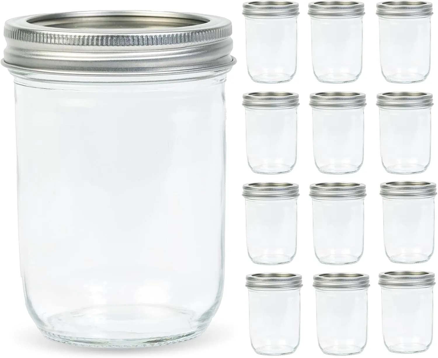 12 Pack 16 oz Wide Mouth Clear Mason Jars with Silver Metal Lids, Canning Jars for Overnight Oats, Food Storage, Dry Food, Snacks, Candies and More