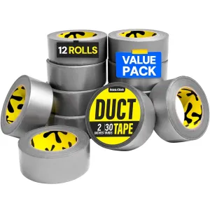 12-Pack Duct Tape - Heavy Duty, Waterproof - 90 Ft x 2 in - Silver, Flexible, No Residue, Easy Tear, All-Weather, Duct Tape Bulk Value for Outdoor Use, DIY, School, Office, B2B, Repairs