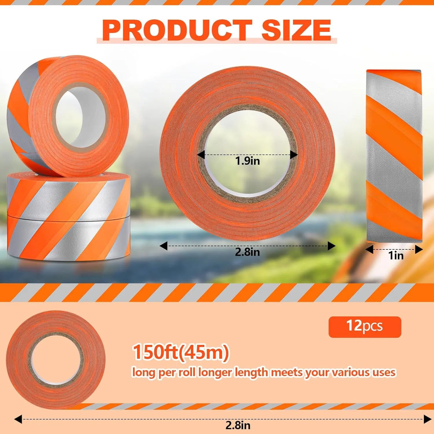 12 Rolls Trail Marking Flagging Orange Reflective Tape Non Adhesive Plastic Ribbon with Silver Strip PVC Caution Tape Roll for Hunting Hiking Boundaries Hazardous Areas Marking (1" x 150')
