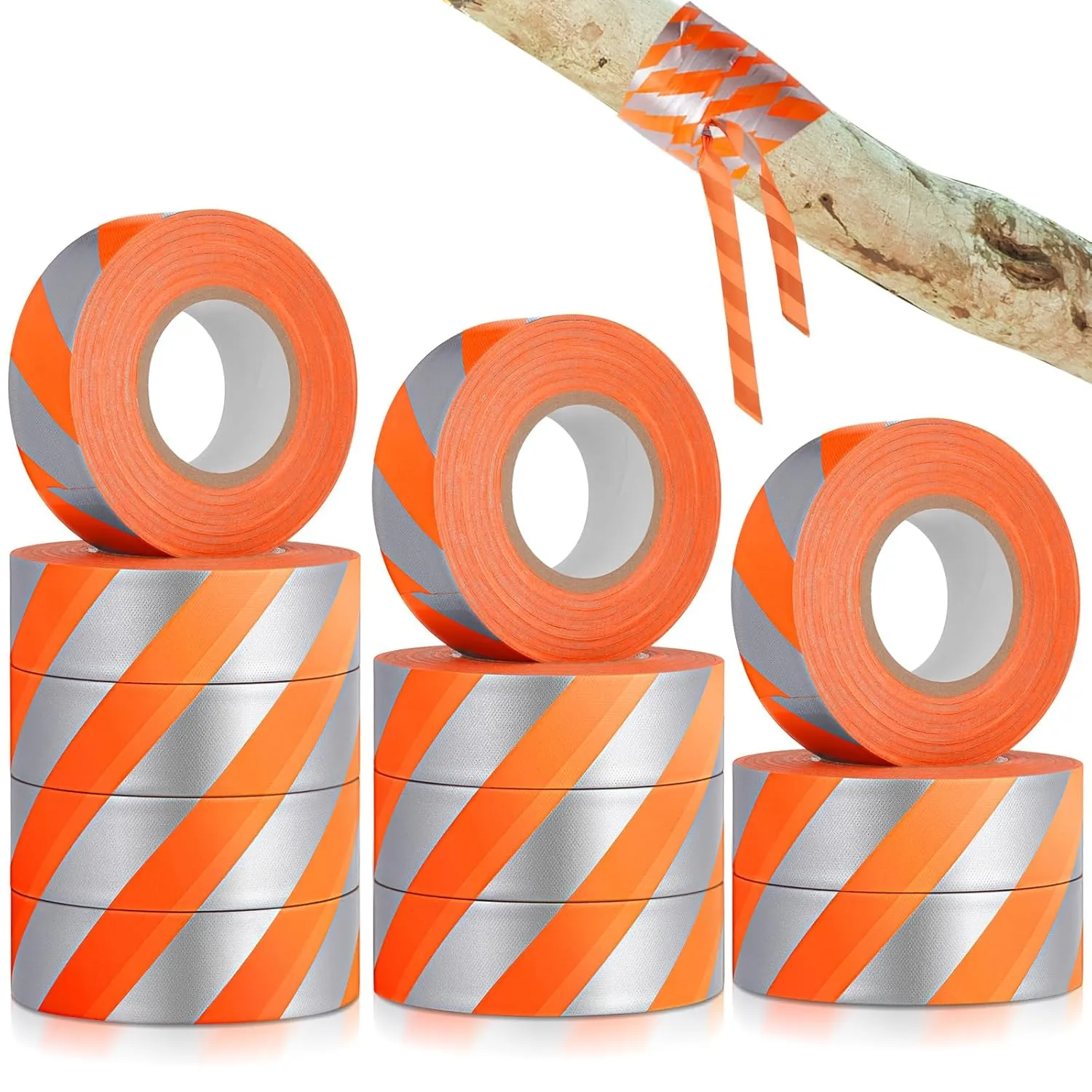 12 Rolls Trail Marking Flagging Orange Reflective Tape Non Adhesive Plastic Ribbon with Silver Strip PVC Caution Tape Roll for Hunting Hiking Boundaries Hazardous Areas Marking (1" x 150')