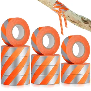 12 Rolls Trail Marking Flagging Orange Reflective Tape Non Adhesive Plastic Ribbon with Silver Strip PVC Caution Tape Roll for Hunting Hiking Boundaries Hazardous Areas Marking (1" x 150')