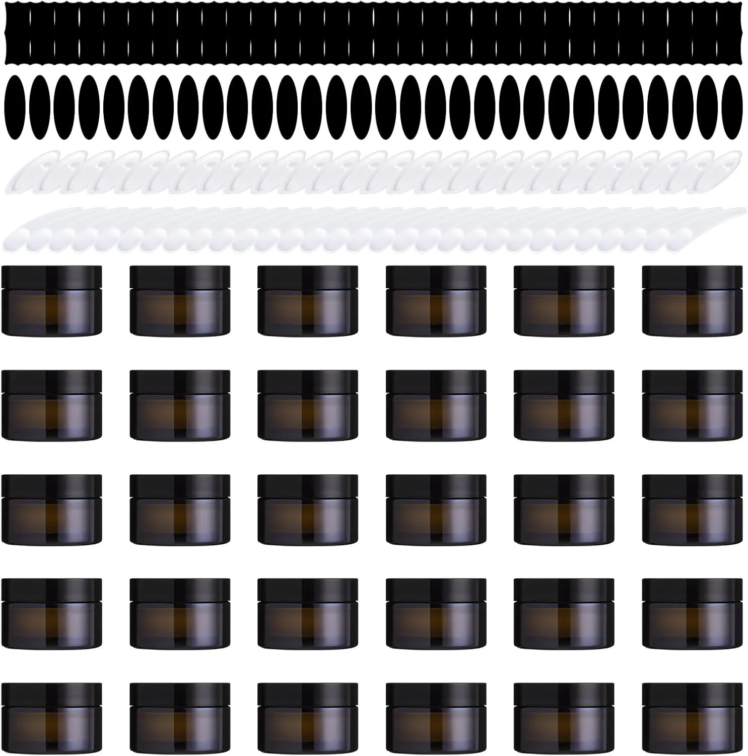 120Pcs 30g Amber Glass Jars Assortment Kit with Inner Liners and Black Lids, Spoons and blank labels for Storing Lip and Body Scrub, Lotion, Body Butter, Bath Salts