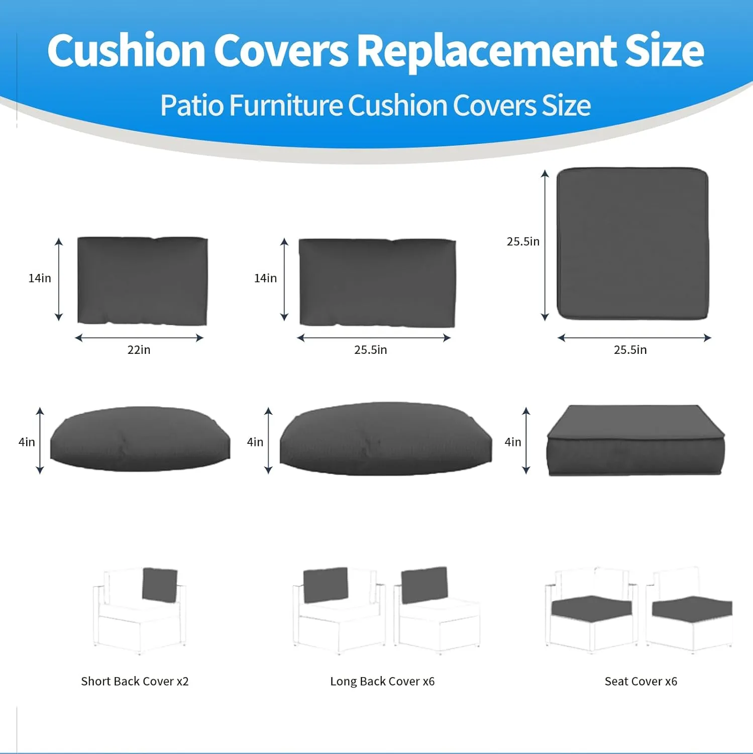 14 Pcs Outdoor Patio Furniture Cushion Covers Replacement, Waterproof Non-Slip Cushion Covers for Outdoor Furniture, 3 Sizes Patio Sofa Couch Slipcovers with Zippers, Covers Only (Grey)