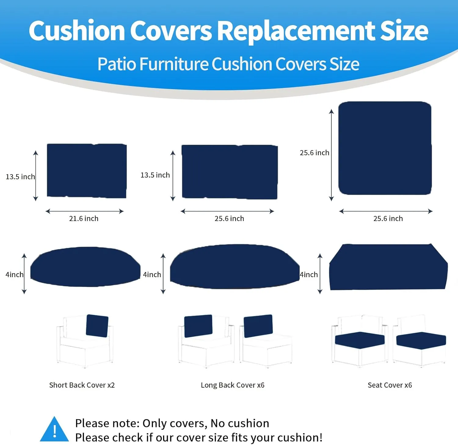 14 Pcs Outdoor Patio Furniture Cushion Covers Replacement, Waterproof Non-Slip Cushion Covers for Outdoor Furniture, 3 Sizes Patio Sofa Couch Slipcovers with Zippers, Covers Only (Navy Blue)