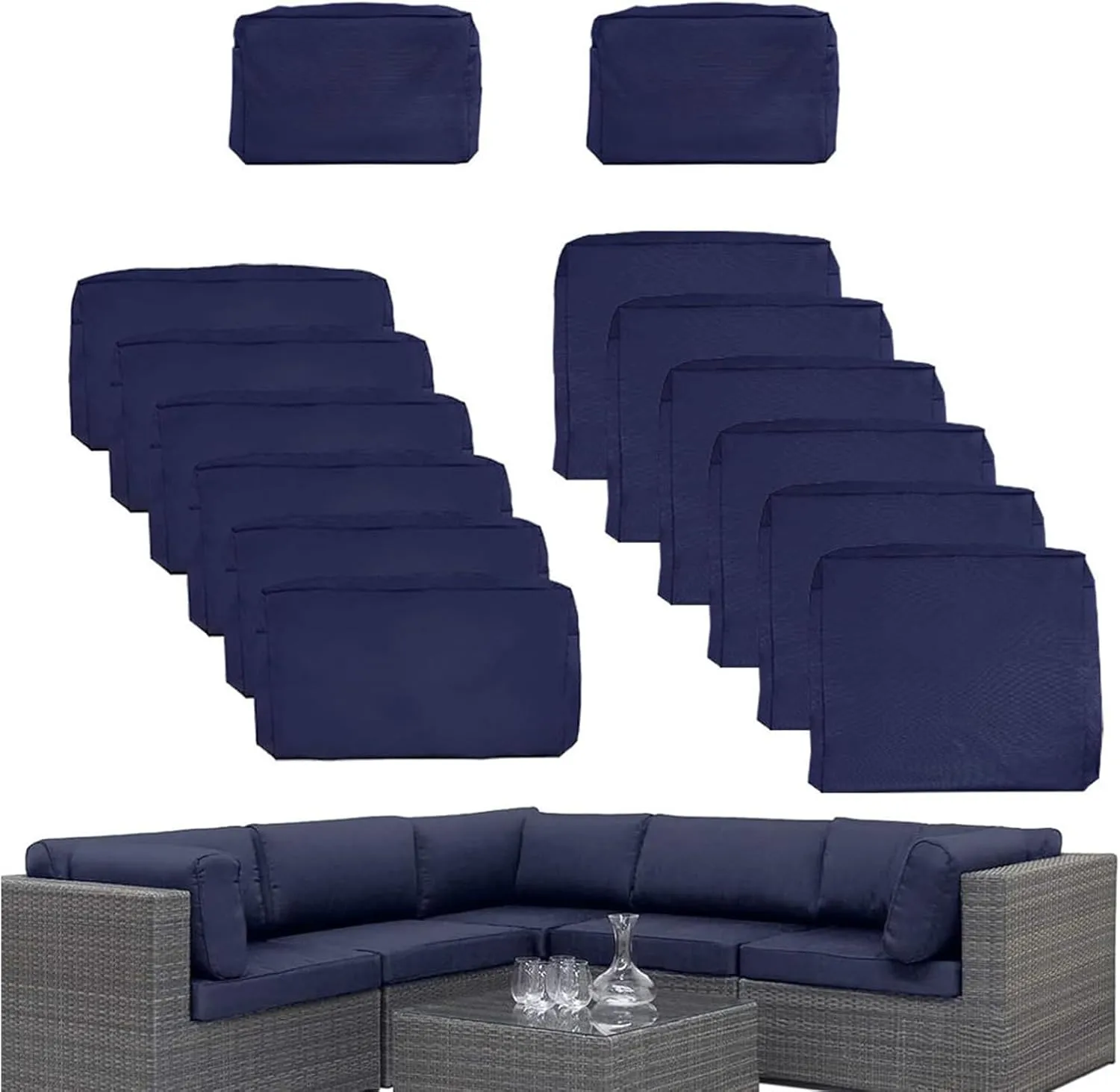 14 Pcs Outdoor Patio Furniture Cushion Covers Replacement, Waterproof Non-Slip Cushion Covers for Outdoor Furniture, 3 Sizes Patio Sofa Couch Slipcovers with Zippers, Covers Only (Navy Blue)