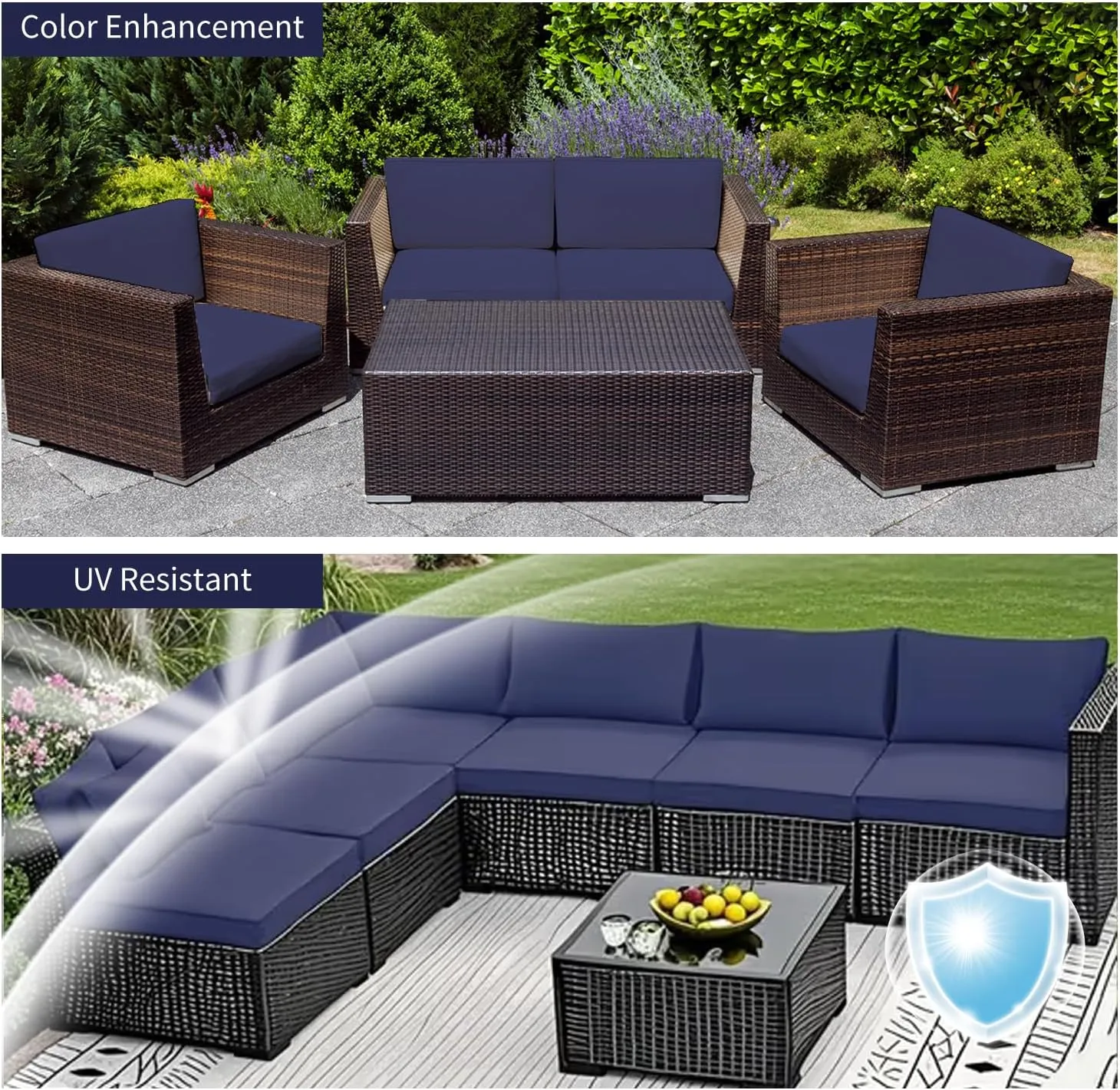 14 Pcs Outdoor Patio Furniture Cushion Covers Replacement, Waterproof Non-Slip Cushion Covers for Outdoor Furniture, 3 Sizes Patio Sofa Couch Slipcovers with Zippers, Covers Only (Navy Blue)