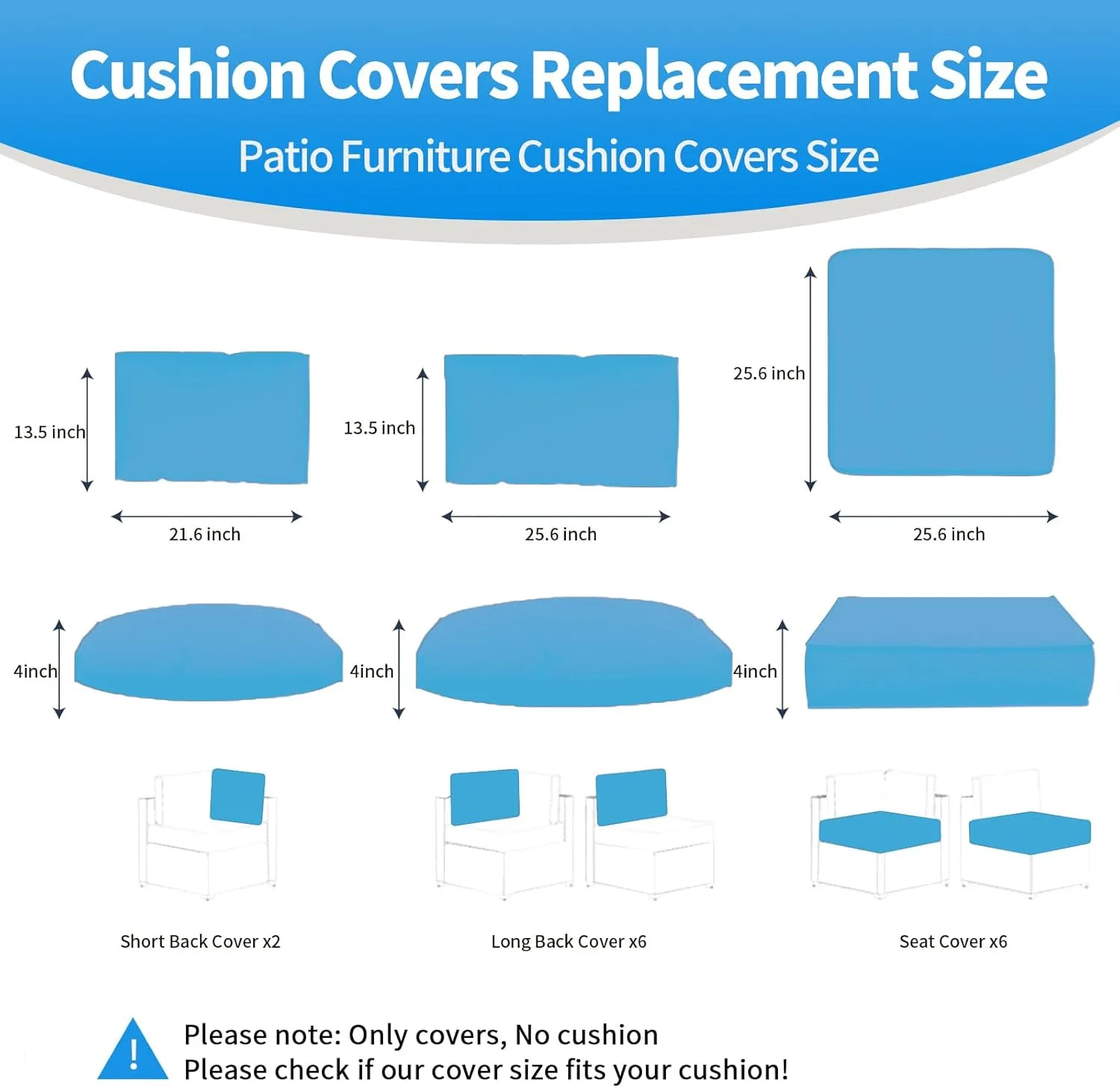14 Pcs Outdoor Patio Furniture Cushion Covers Replacement, Waterproof Non-Slip Cushion Covers for Outdoor Furniture, 3 Sizes Patio Sofa Couch Slipcovers with Zippers, Covers Only (Sky Blue)