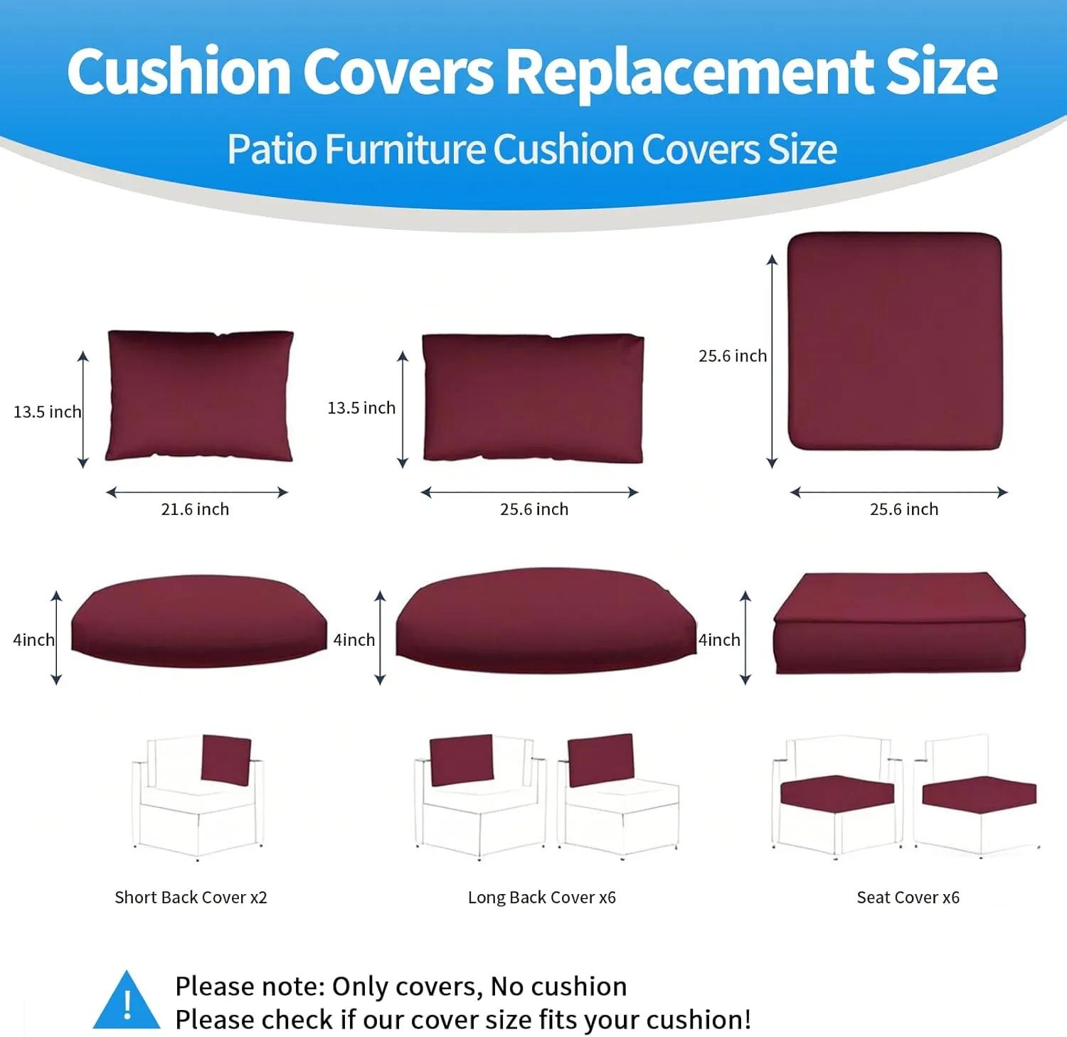 14 Pcs Outdoor Patio Furniture Cushion Covers Replacement, Waterproof Non-Slip Cushion Covers for Outdoor Furniture, 3 Sizes Patio Sofa Couch Slipcovers with Zippers, Covers Only (Wine Red)