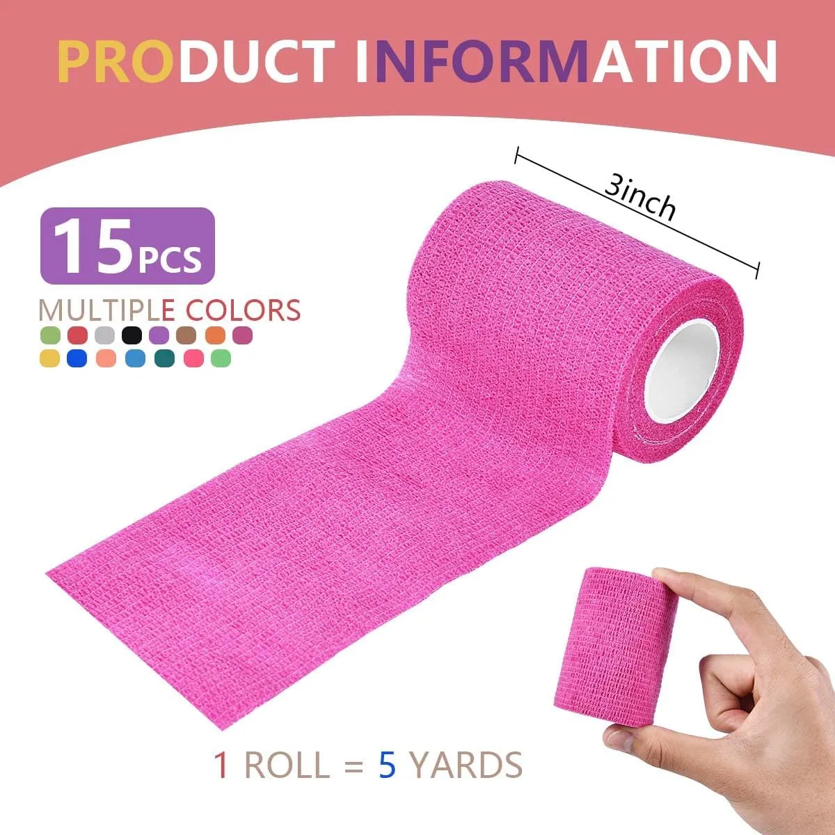 15 Pack 3 Inch x 5 Yards Colorful Self Adhesive Bandage Breathable Cohesive Bandage Wrap Rolls Elastic Self-Adherent Tape for Stretch Athletic, Sports, Wrist, Ankle