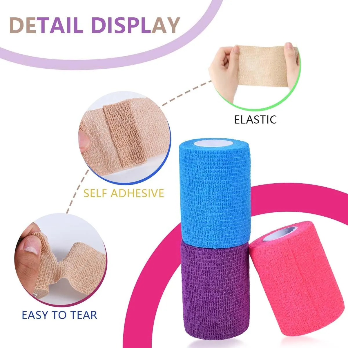 15 Pack 3 Inch x 5 Yards Colorful Self Adhesive Bandage Breathable Cohesive Bandage Wrap Rolls Elastic Self-Adherent Tape for Stretch Athletic, Sports, Wrist, Ankle