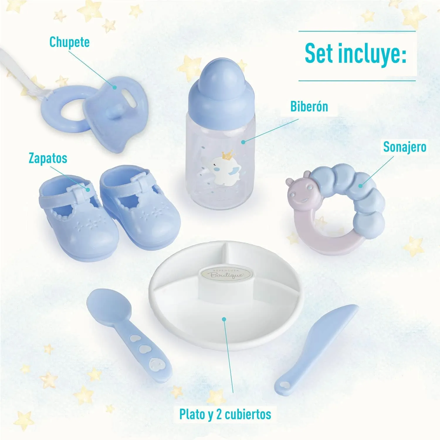 15" Realistic Soft Body Baby Doll with Open/Close Eyes | JC Toys - Berenguer Boutique | 10 Piece Gift Set with Bottle, Rattle, Pacifier & Accessories | Blue | Ages 2 