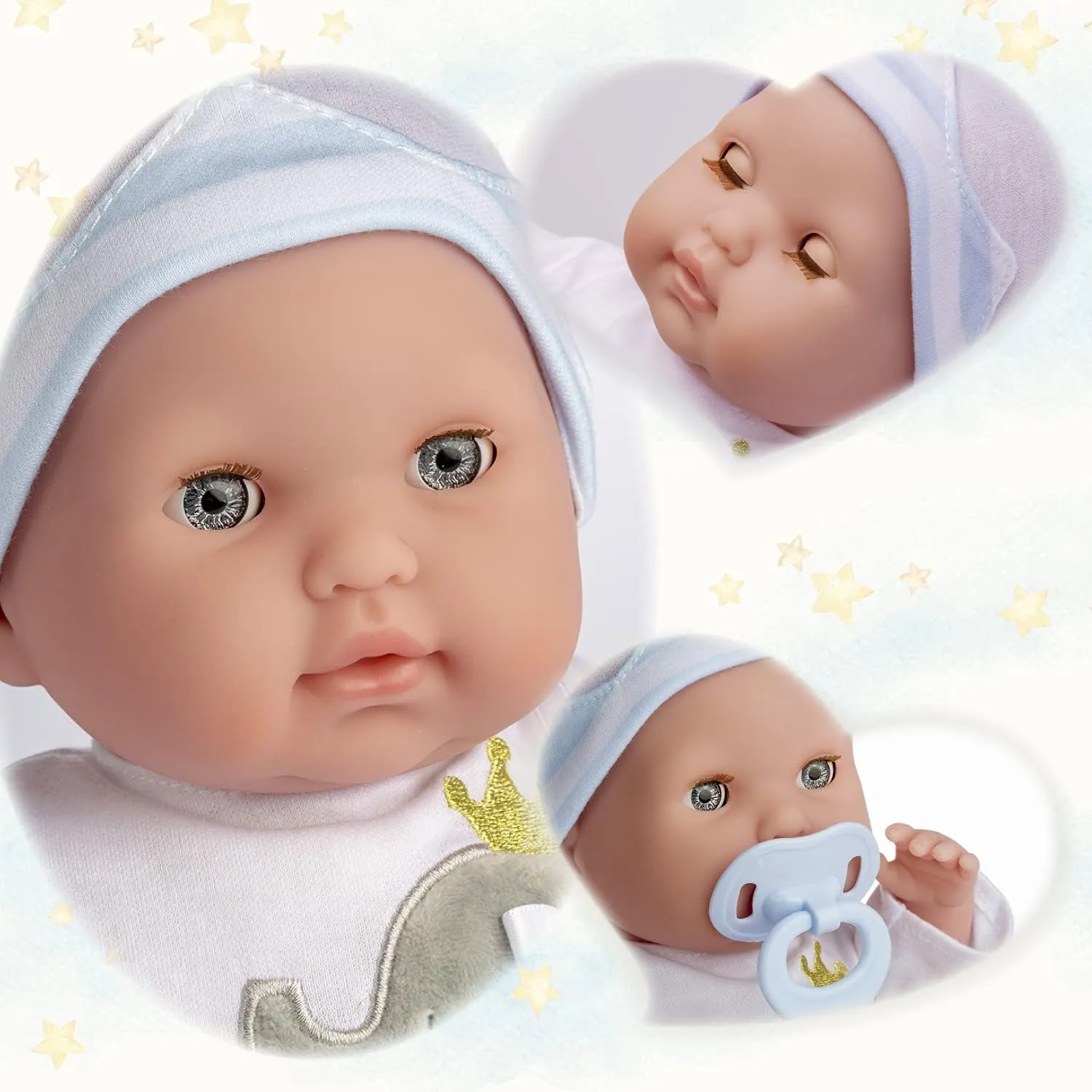 15" Realistic Soft Body Baby Doll with Open/Close Eyes | JC Toys - Berenguer Boutique | 10 Piece Gift Set with Bottle, Rattle, Pacifier & Accessories | Blue | Ages 2 