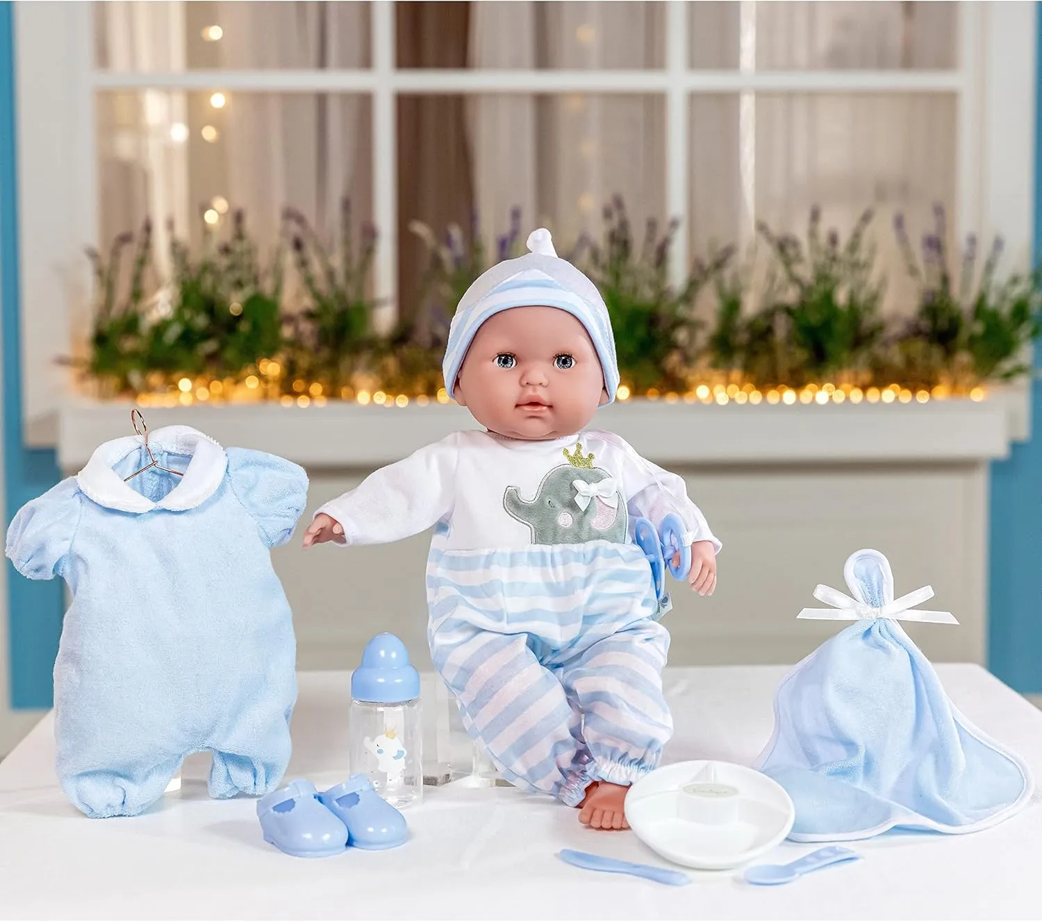 15" Realistic Soft Body Baby Doll with Open/Close Eyes | JC Toys - Berenguer Boutique | 10 Piece Gift Set with Bottle, Rattle, Pacifier & Accessories | Blue | Ages 2 