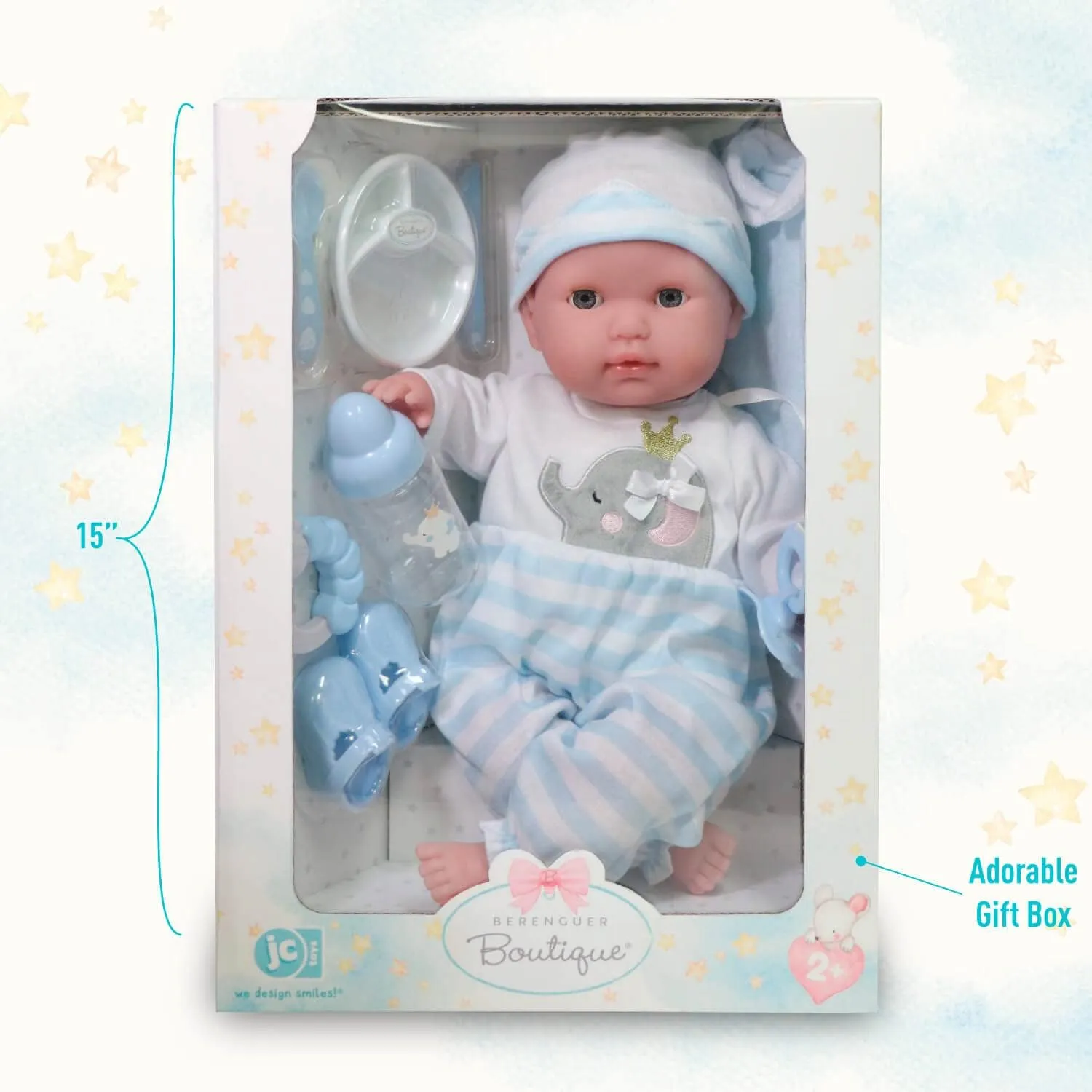 15" Realistic Soft Body Baby Doll with Open/Close Eyes | JC Toys - Berenguer Boutique | 10 Piece Gift Set with Bottle, Rattle, Pacifier & Accessories | Blue | Ages 2 