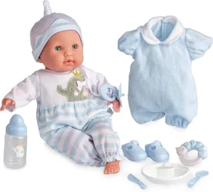 15" Realistic Soft Body Baby Doll with Open/Close Eyes | JC Toys - Berenguer Boutique | 10 Piece Gift Set with Bottle, Rattle, Pacifier & Accessories | Blue | Ages 2 