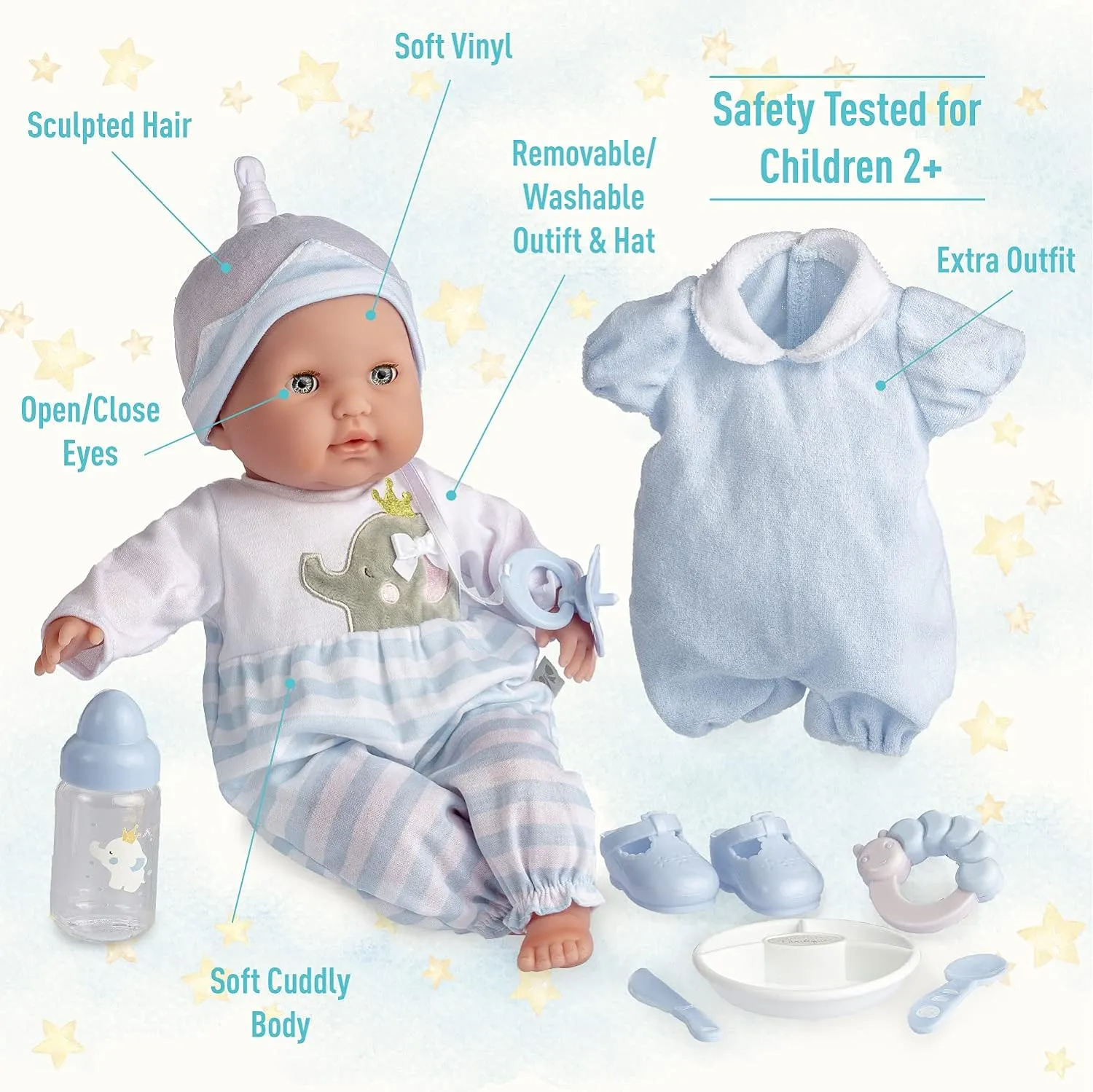 15" Realistic Soft Body Baby Doll with Open/Close Eyes | JC Toys - Berenguer Boutique | 10 Piece Gift Set with Bottle, Rattle, Pacifier & Accessories | Blue | Ages 2 