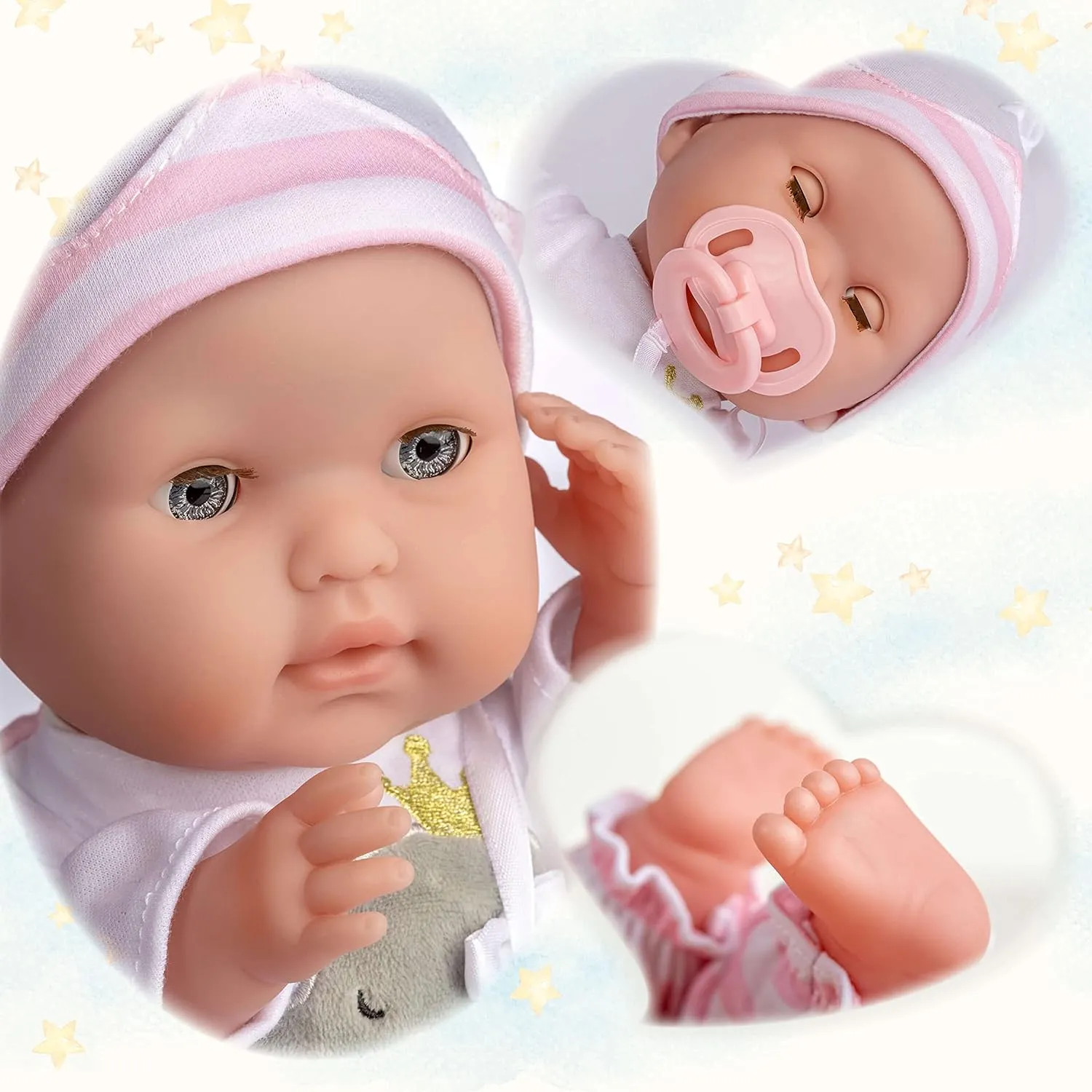 15" Realistic Soft Body Baby Doll with Open/Close Eyes | JC Toys - Berenguer Boutique | 10 Piece Gift Set with Bottle, Rattle, Pacifier & Accessories | Pink | Ages 2 