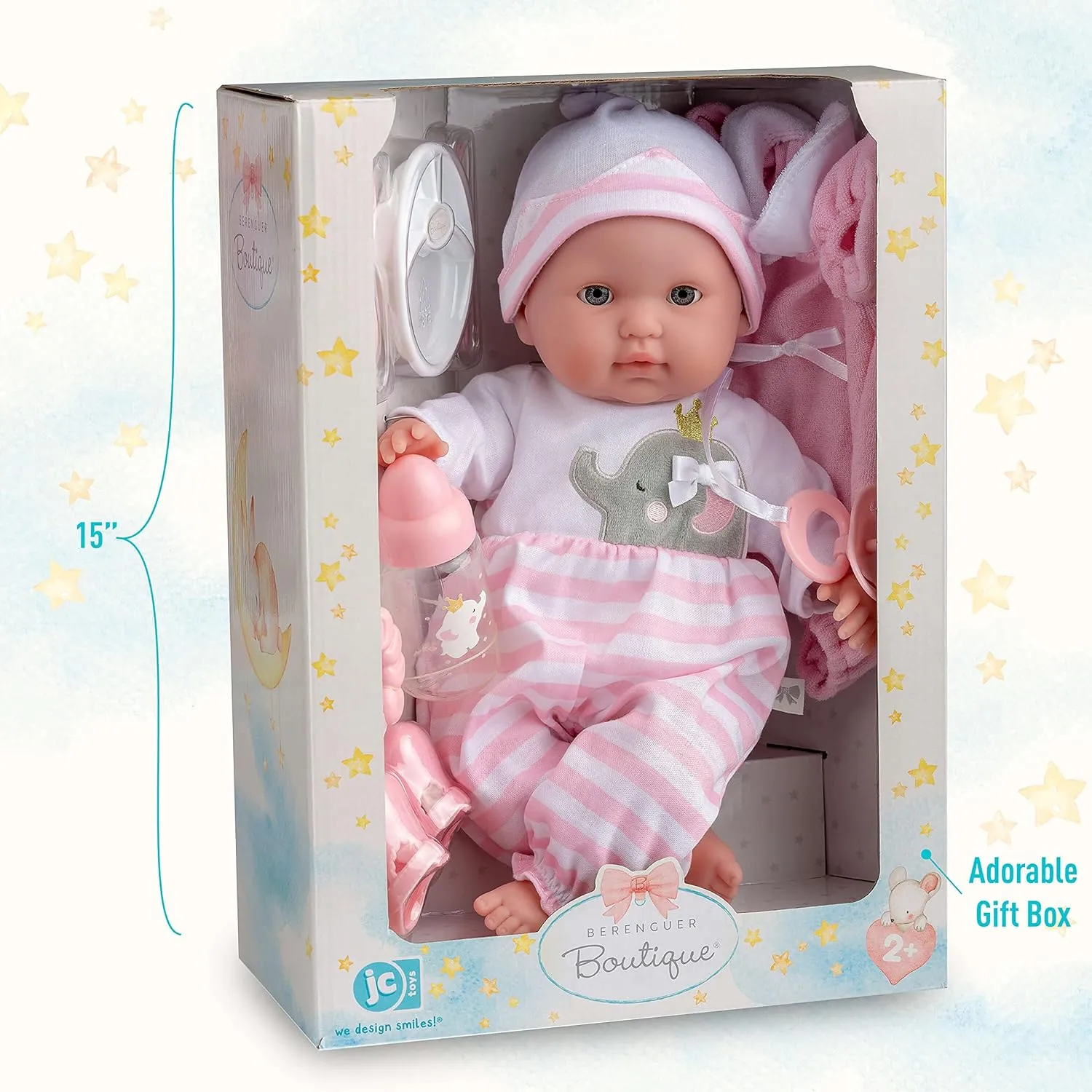 15" Realistic Soft Body Baby Doll with Open/Close Eyes | JC Toys - Berenguer Boutique | 10 Piece Gift Set with Bottle, Rattle, Pacifier & Accessories | Pink | Ages 2 