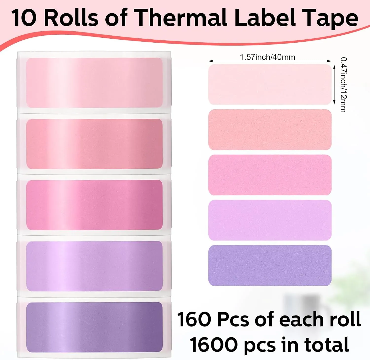 1600 Pcs Label Tapes 12 x 40 mm Laminated Stickers Replacement Compatible with D30 Portable Thermal Label Paper Printer Tapes for Office 160pcs/roll(Purple, Pink)