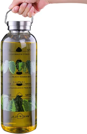 2 Liter Large Glass Water Bottle with Motivational Daily Water Intake Marks,Drinking Bottle,64 oz Resuable Wide Mouth Glass Bottles with Handle Sleeve, BPA Free for Gym/Office (Slivery Lid)
