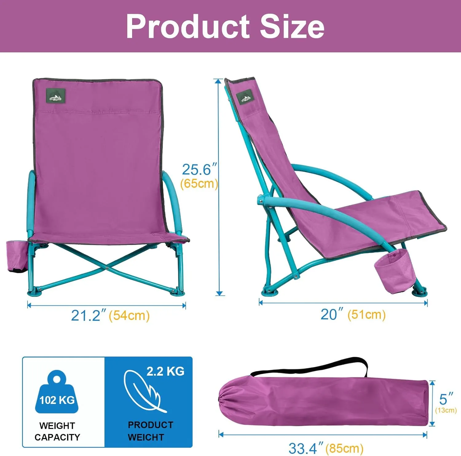 2 Pack Low Folding Beach Chair,Portable Lightweight Lowback Sling Chair, Outdoor Low Seat Camping Chair w/Cup Holder & Carry Bag for Sand Camping Lawn Picnic Festival,Purple
