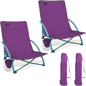 2 Pack Low Folding Beach Chair,Portable Lightweight Lowback Sling Chair, Outdoor Low Seat Camping Chair w/Cup Holder & Carry Bag for Sand Camping Lawn Picnic Festival,Purple