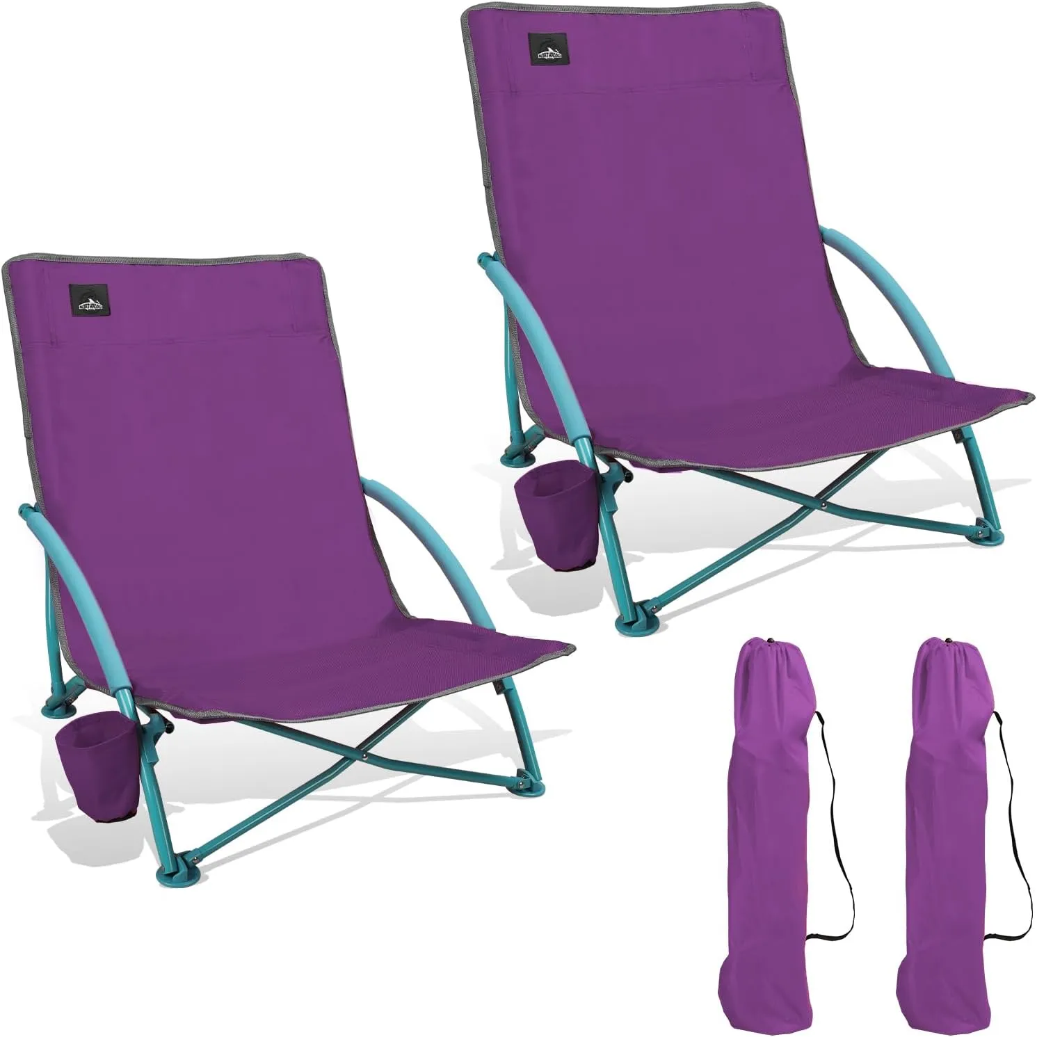 2 Pack Low Folding Beach Chair,Portable Lightweight Lowback Sling Chair, Outdoor Low Seat Camping Chair w/Cup Holder & Carry Bag for Sand Camping Lawn Picnic Festival,Purple