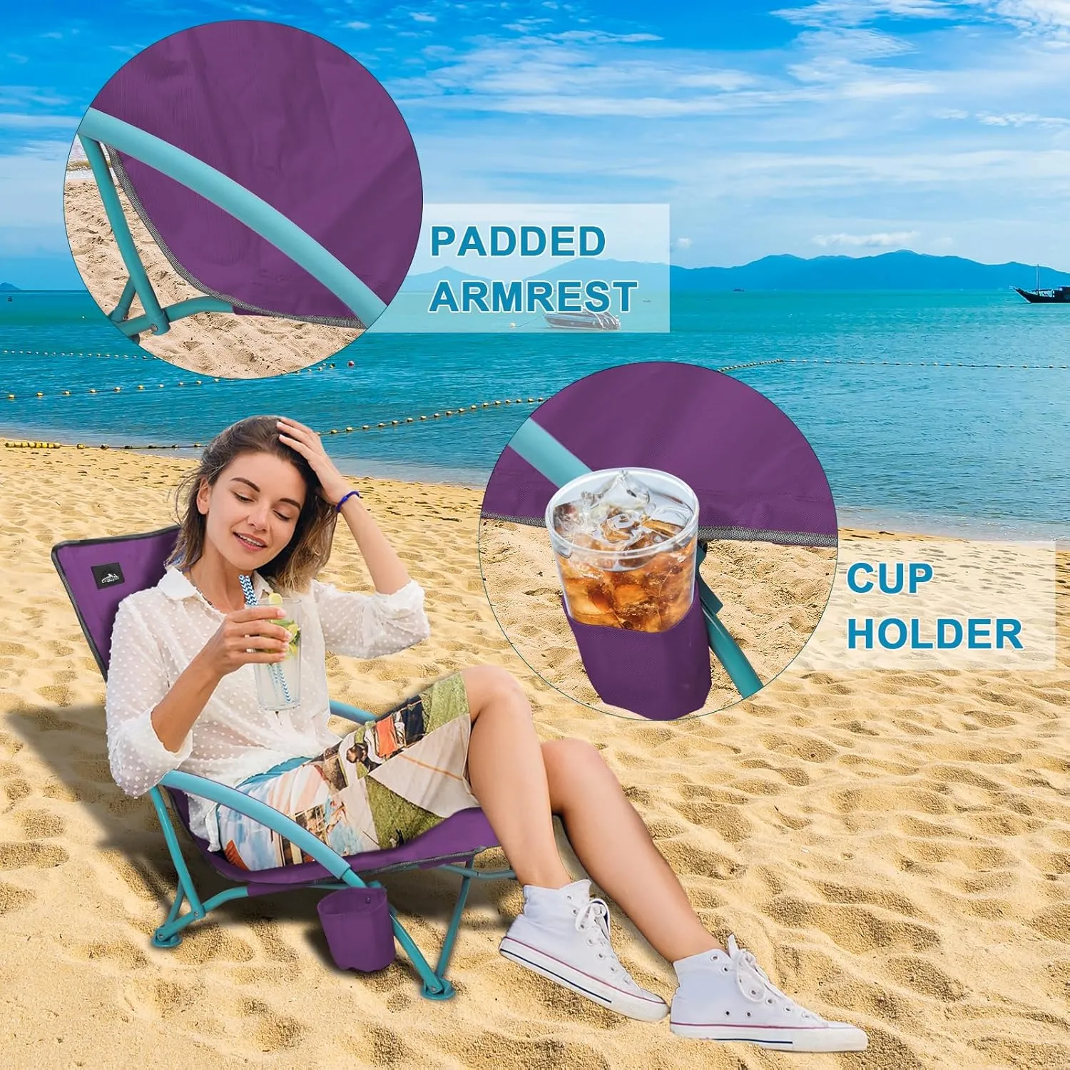 2 Pack Low Folding Beach Chair,Portable Lightweight Lowback Sling Chair, Outdoor Low Seat Camping Chair w/Cup Holder & Carry Bag for Sand Camping Lawn Picnic Festival,Purple