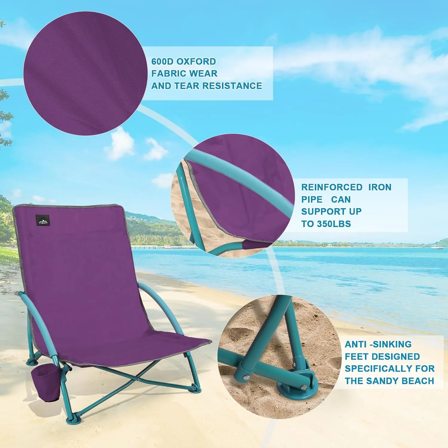 2 Pack Low Folding Beach Chair,Portable Lightweight Lowback Sling Chair, Outdoor Low Seat Camping Chair w/Cup Holder & Carry Bag for Sand Camping Lawn Picnic Festival,Purple
