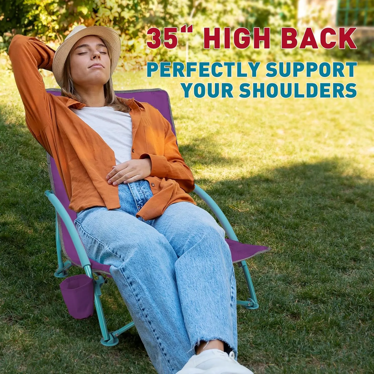 2 Pack Low Folding Beach Chair,Portable Lightweight Lowback Sling Chair, Outdoor Low Seat Camping Chair w/Cup Holder & Carry Bag for Sand Camping Lawn Picnic Festival,Purple