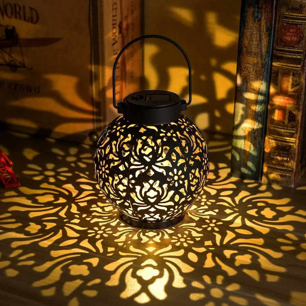 2 Pack Outdoor Solar Hanging Lantern Light LED Decorative Christmas Light for Garden Patio Courtyard Lawn and Tabletop with Hollowed-Out Design. Unique Gardening Gifts for Women.