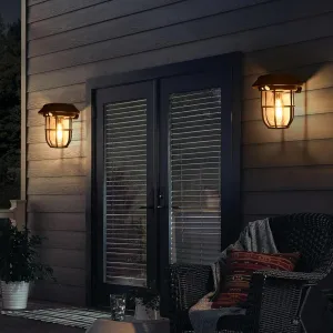 2 Pack Solar Lantern Wall Lights Fixtures with Motion Sensor, Solar Powered Porch Light, Vintage Hanging Solar Wall Sconce Outdoor,for Porch, Yard