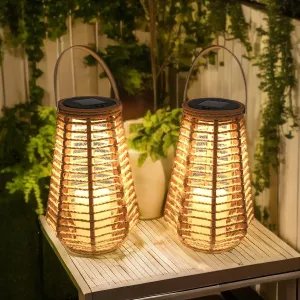 2-Pack Solar Lanterns for Outdoor Use – Hemp Rope LED Garden Lights, Durable & Waterproof, Hanging Lantern Perfect for Table, Patio and Pathway Lighting（9.8 inch