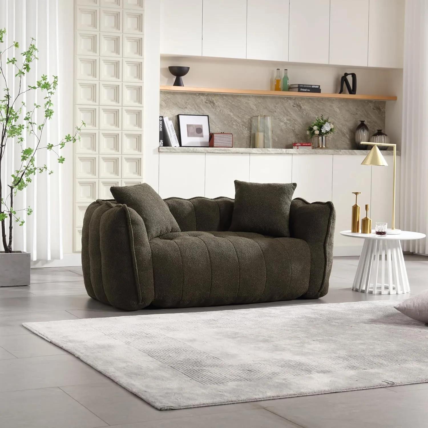 2-Seats Soft Beanbag Chair, 64.5" Cozy Floor Couch, Comfortable Assembly Free Sofa with High Resilience Foam Core&Armrests for Gaming Reading Watching TV in Dorm Apartment Living Room, Olive Green