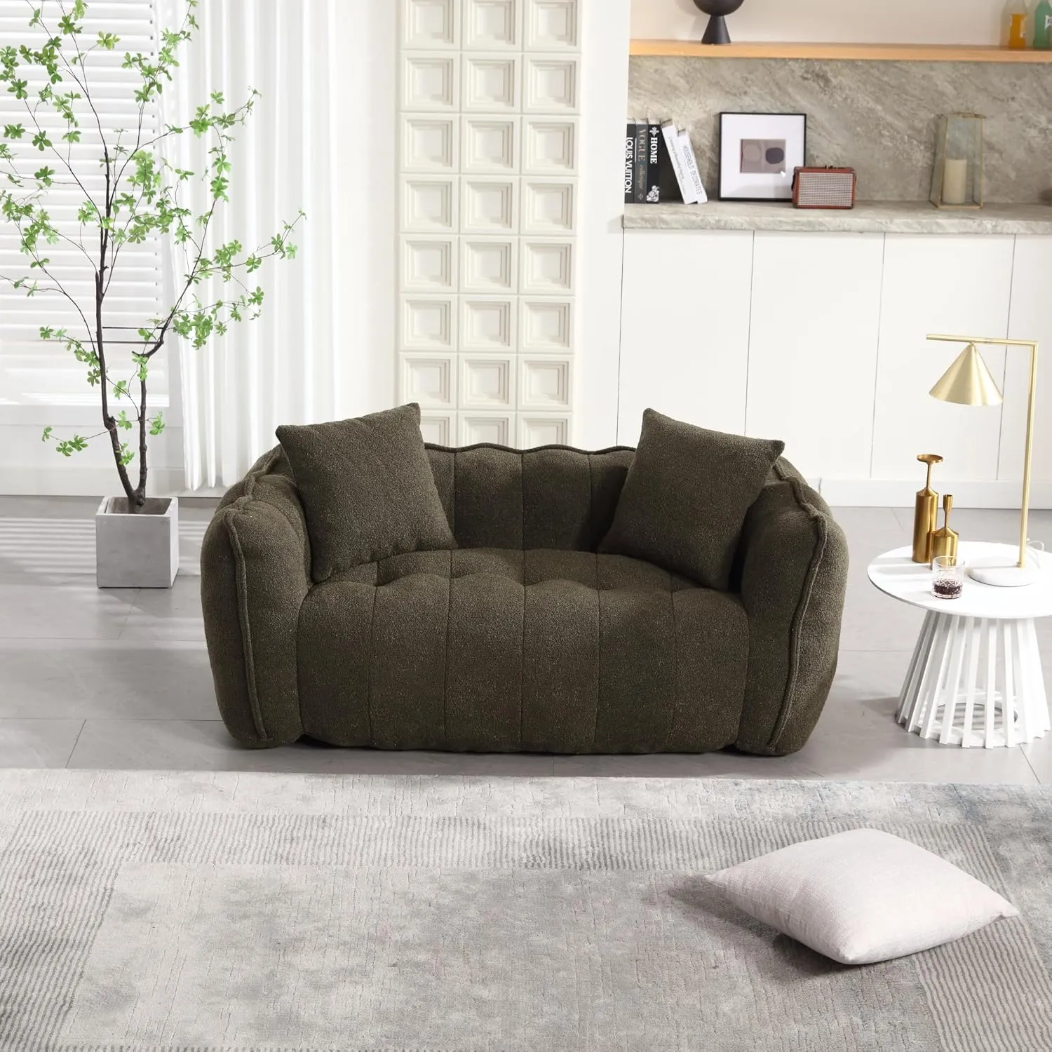 2-Seats Soft Beanbag Chair, 64.5" Cozy Floor Couch, Comfortable Assembly Free Sofa with High Resilience Foam Core&Armrests for Gaming Reading Watching TV in Dorm Apartment Living Room, Olive Green