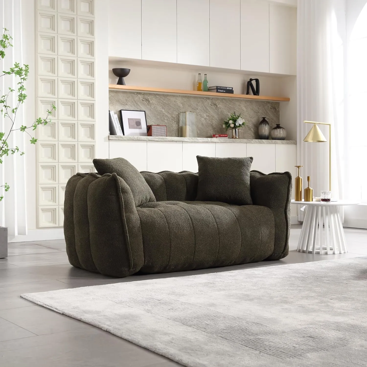 2-Seats Soft Beanbag Chair, 64.5" Cozy Floor Couch, Comfortable Assembly Free Sofa with High Resilience Foam Core&Armrests for Gaming Reading Watching TV in Dorm Apartment Living Room, Olive Green