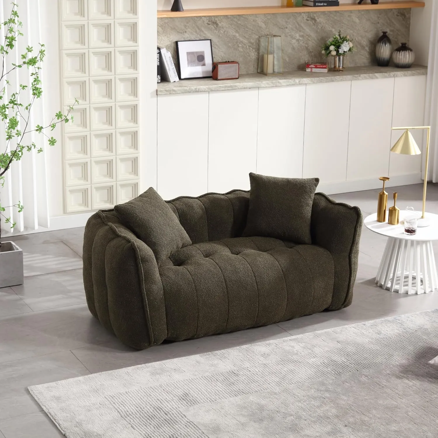 2-Seats Soft Beanbag Chair, 64.5" Cozy Floor Couch, Comfortable Assembly Free Sofa with High Resilience Foam Core&Armrests for Gaming Reading Watching TV in Dorm Apartment Living Room, Olive Green