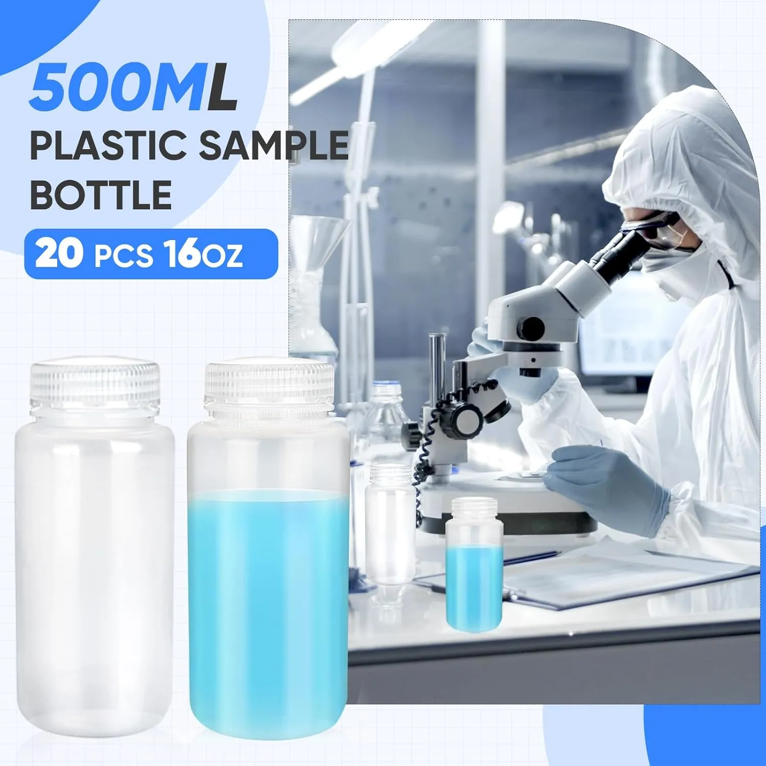 20 Pcs 16oz 500 ml Plastic Sample Bottle Wide Mouth Reagent Bottle Water Sample Bottles Lab Grade Polypropylene Bottles Containers for Laboratories Classroom