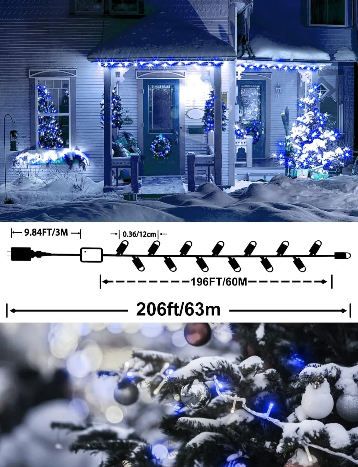 200 FT 500 LED Christmas Lights Outdoor Decorations Super Long Fairy Lights Waterproof 8 Modes Timer Clear Wire String Lights for Outside House Tree Patio Yard Wedding Party Holiday-White & Blue