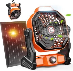 20000mAh Solar Camping Fan, 10W Solar Powered Fans with Solar Panel, Rechargeable Fan & Led Lantern, Battery Operated Powered Outdoor Tent Fans for Camping Summer Essentials (Orange)