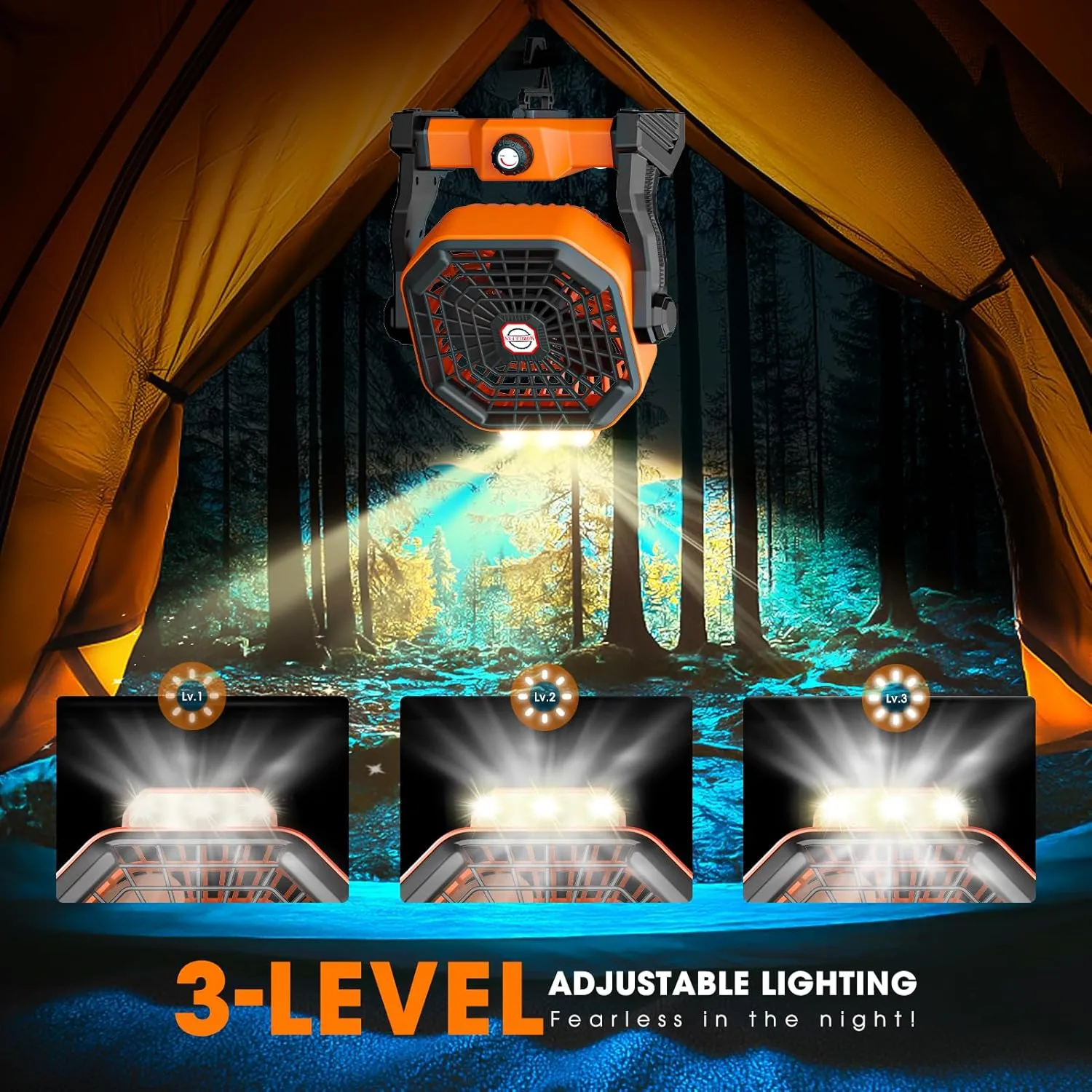 20000mAh Solar Camping Fan, 10W Solar Powered Fans with Solar Panel, Rechargeable Fan & Led Lantern, Battery Operated Powered Outdoor Tent Fans for Camping Summer Essentials (Orange)