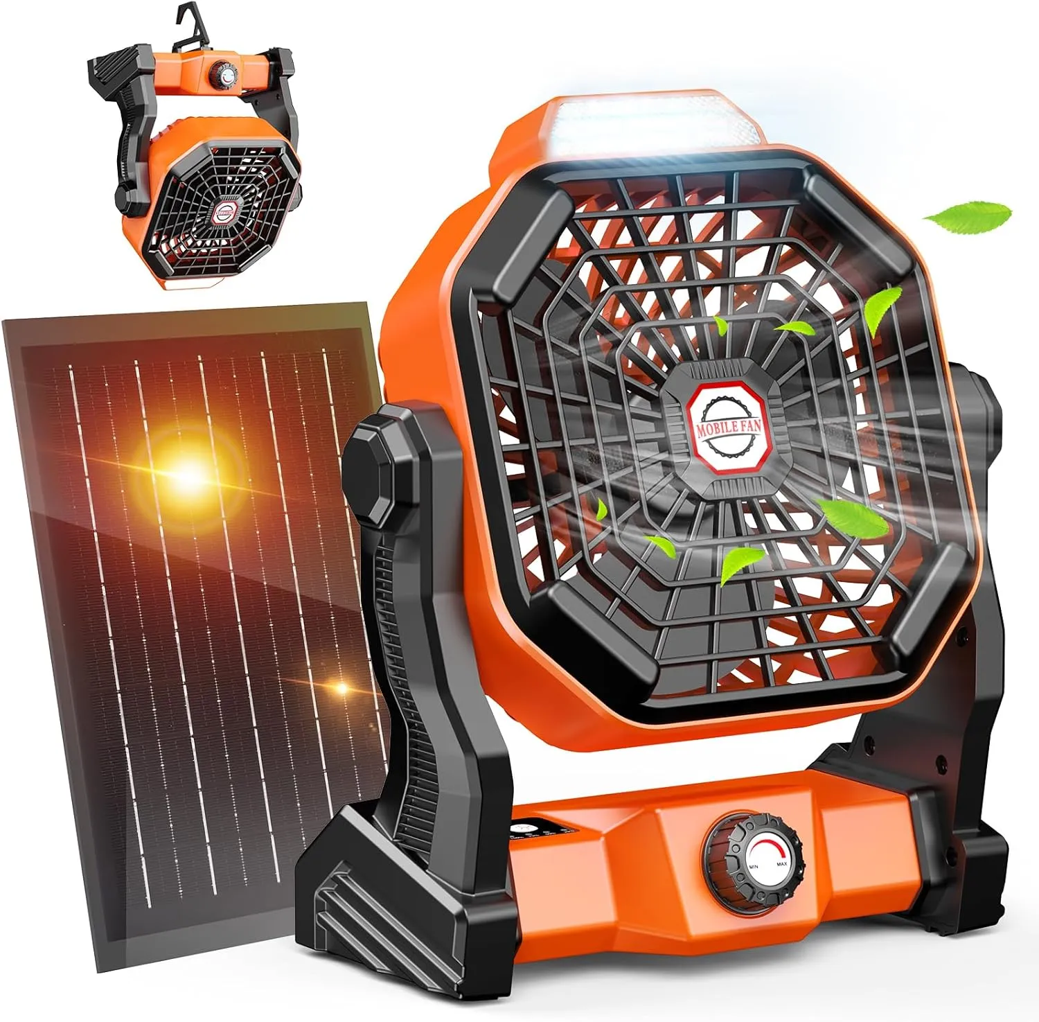 20000mAh Solar Camping Fan, 10W Solar Powered Fans with Solar Panel, Rechargeable Fan & Led Lantern, Battery Operated Powered Outdoor Tent Fans for Camping Summer Essentials (Orange)