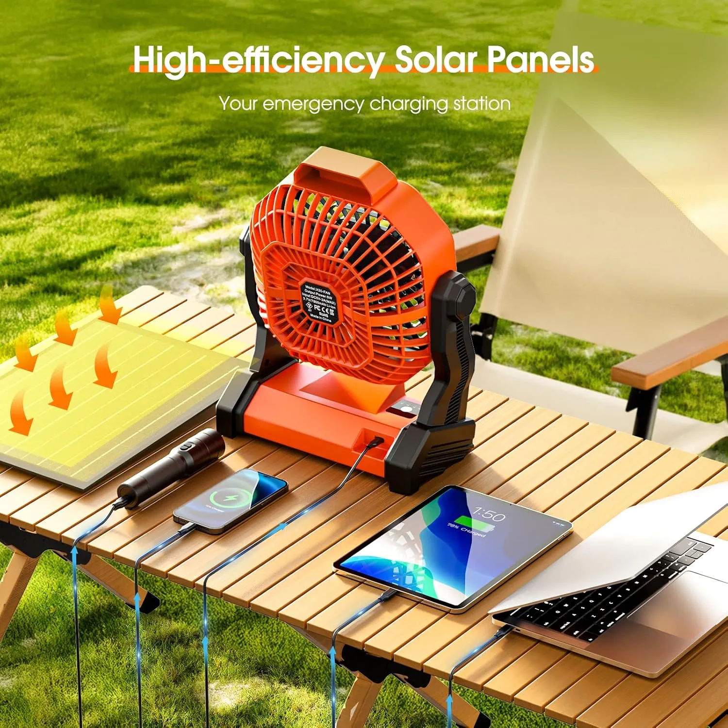 20000mAh Solar Camping Fan, 10W Solar Powered Fans with Solar Panel, Rechargeable Fan & Led Lantern, Battery Operated Powered Outdoor Tent Fans for Camping Summer Essentials (Orange)